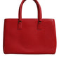 Red Calfskin Leather Logo Plaque Top Handle Bag
