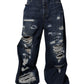 Dark Blue Tattered Wide Leg Men Denim Jeans
