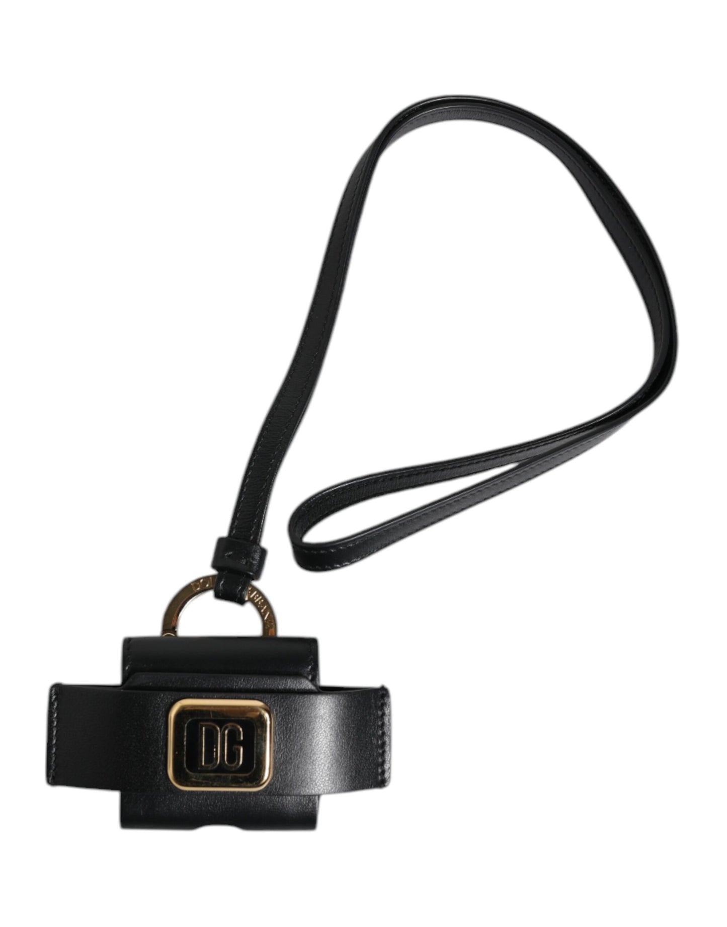 Black Leather Strap Gold Metal Logo Plaque Airpods Case