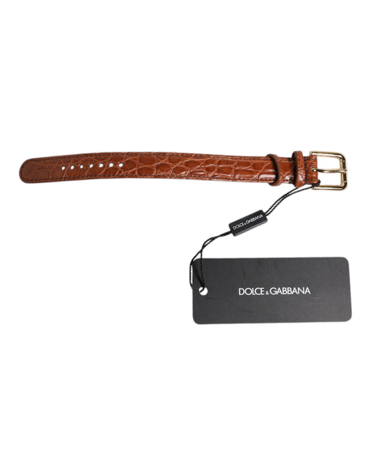 Brown Textured Leather Gold Metal Buckle Armband