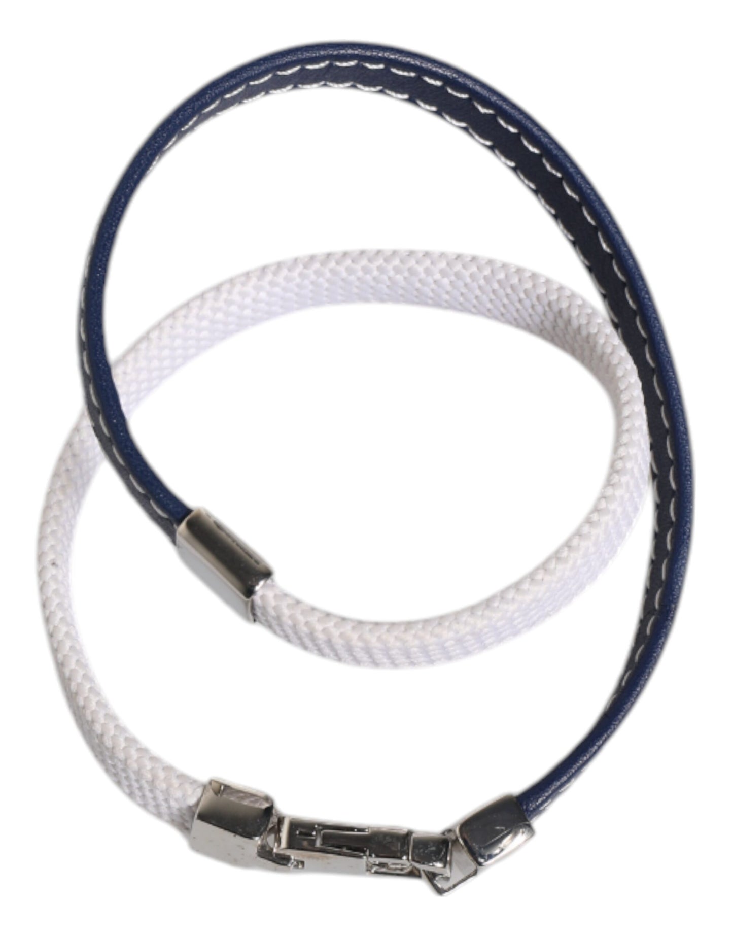 Blue White Leather Trimmed DG Engraved Silver Tone Clasp Bracelet