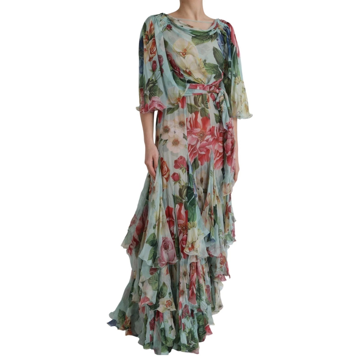 Blue Floral Print Tiered Long Maxi Dress