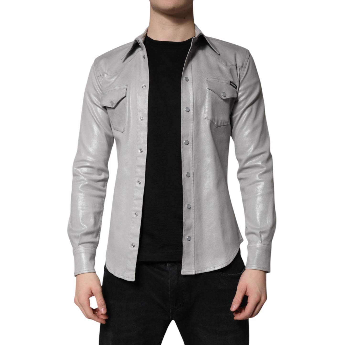 Metallic Gray Cotton Button Down Shirt