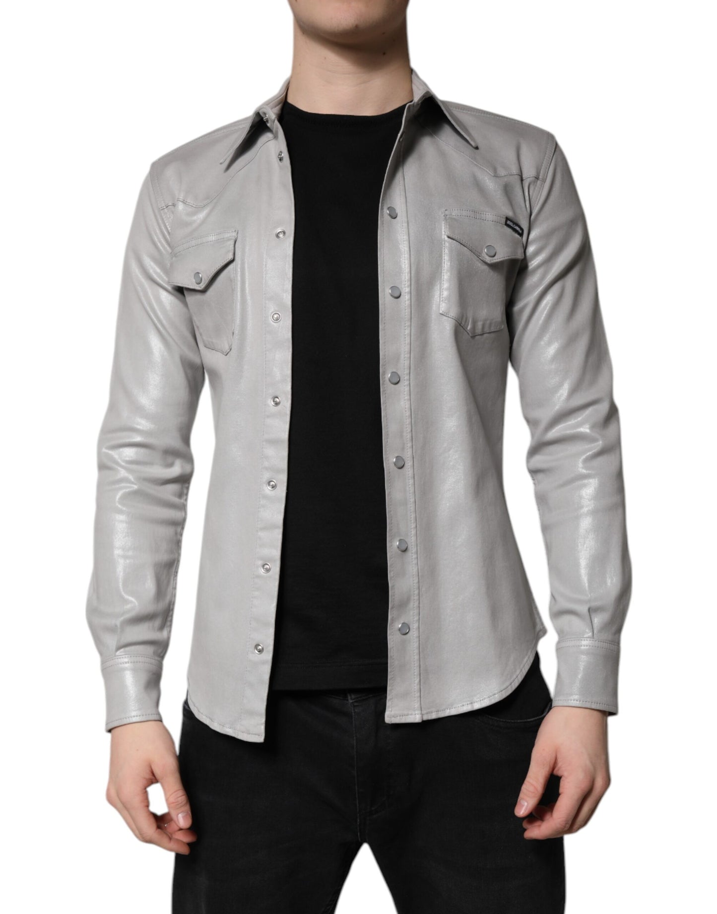 Metallic Gray Cotton Button Down Shirt