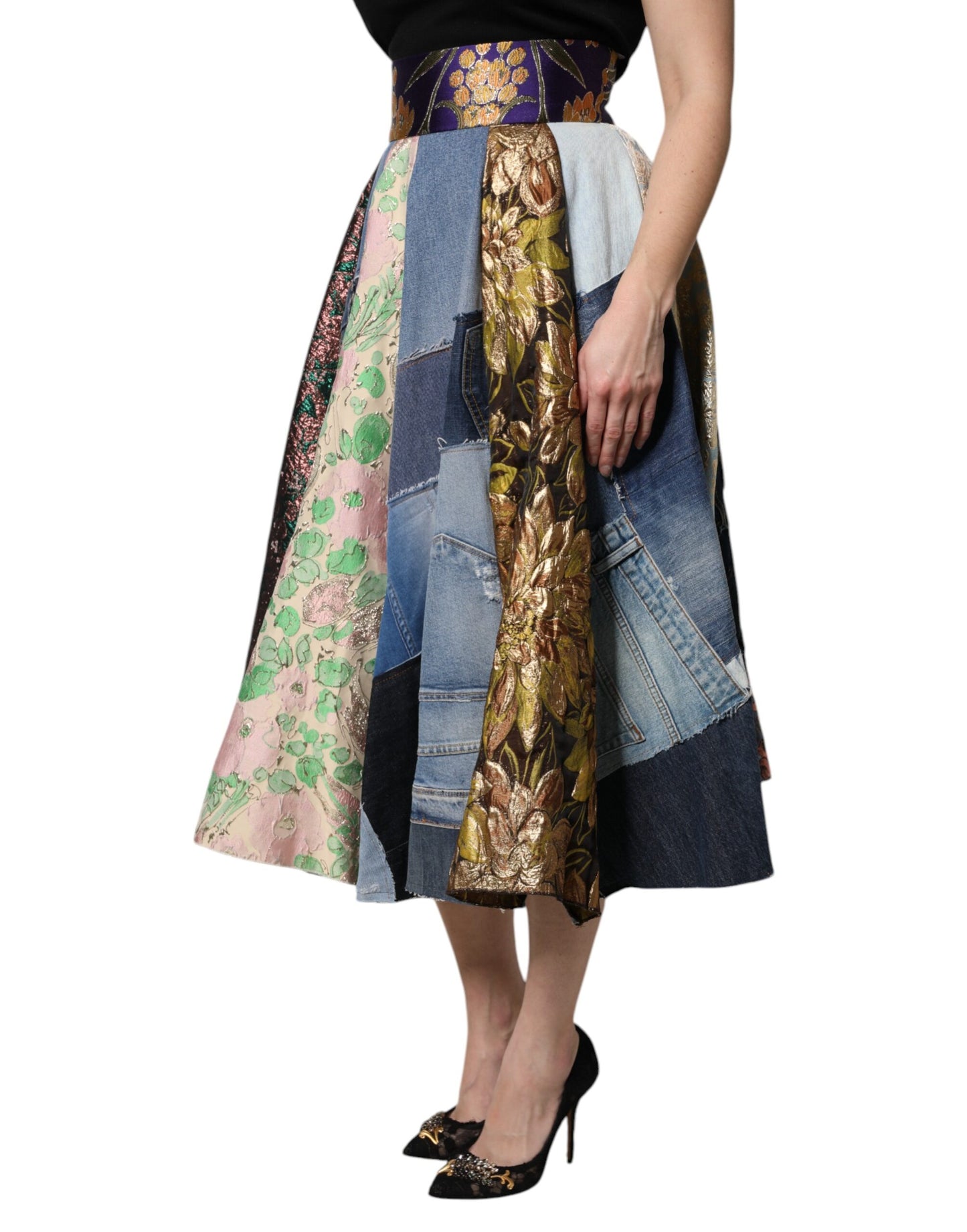 Multicolor Patchwork High Waisted Midi Skirt