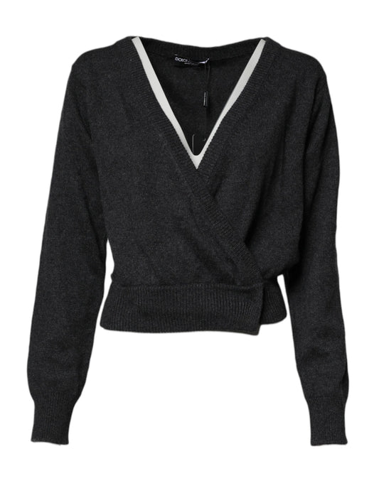 Grey Cashmere Deep V-neck Pullover Sweater