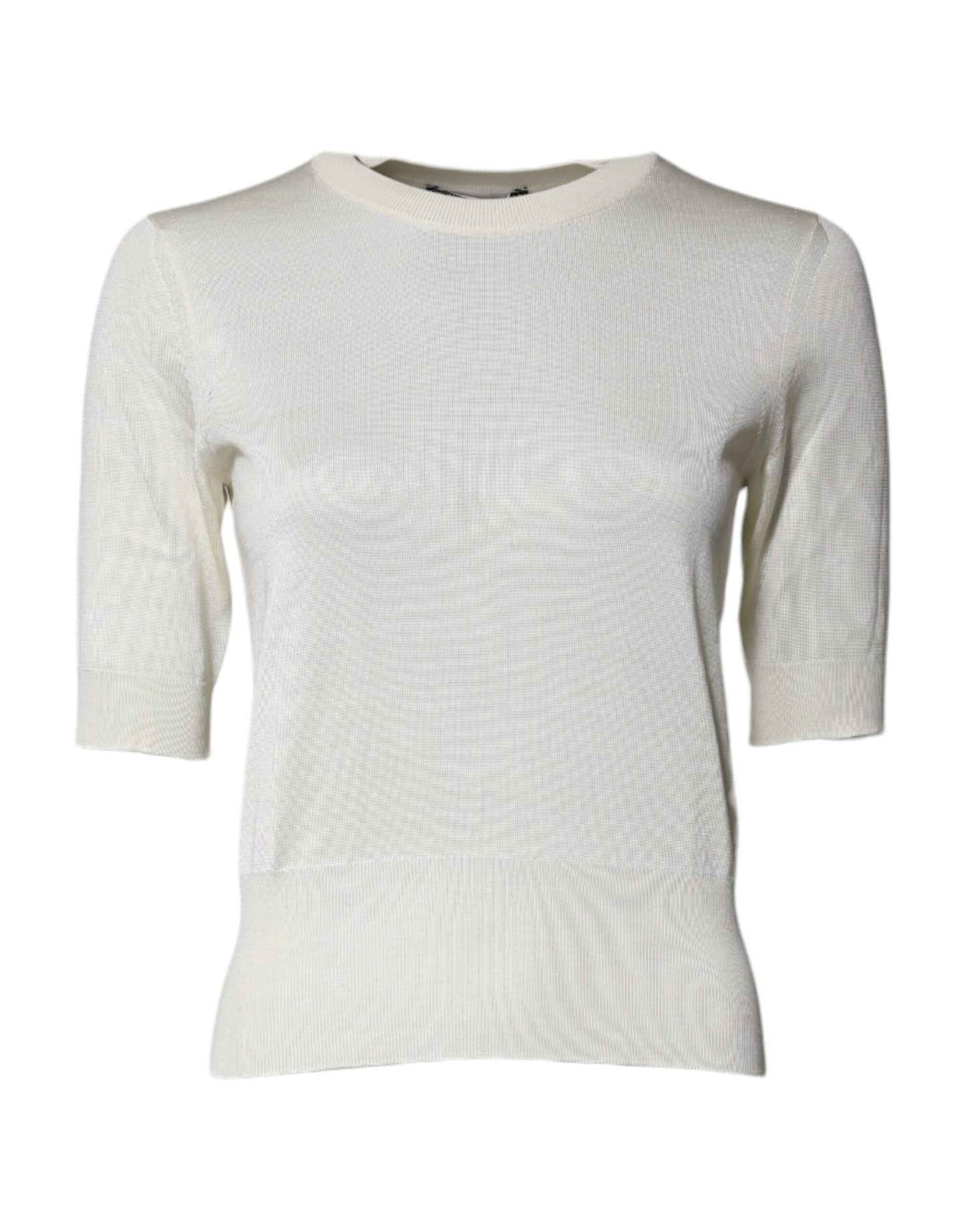 Cream Short Sleeve Silk Round Neck Blouse Top