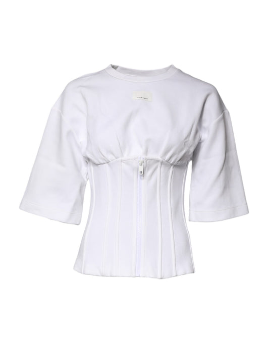 White Cotton Blend 3/4 Sleeves Blouse Top
