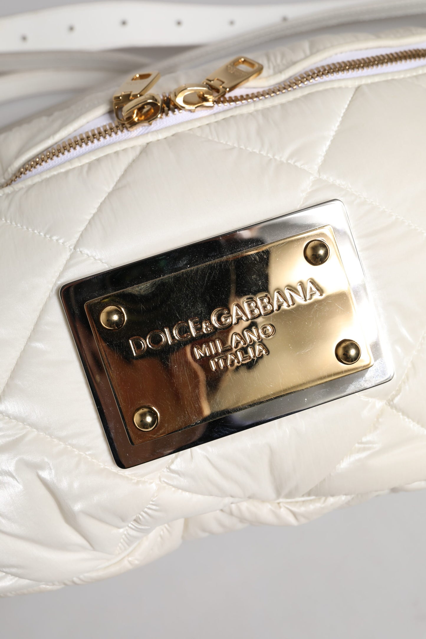 White Quilted Logo Plaque Belt Waist Fanny Pack Bag