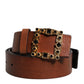 Brown Leather Gold Crystal Buckle Belt
