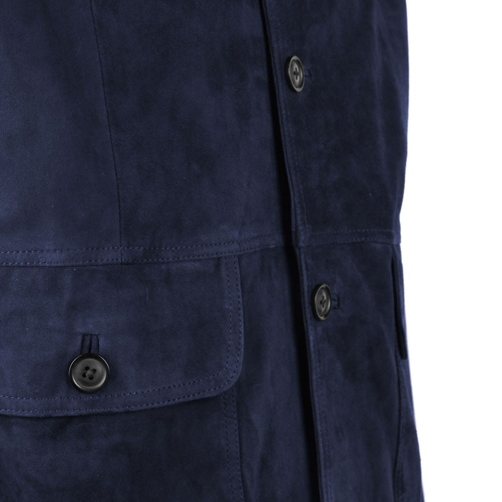 Blue Calfskin Men Bomber Jacket