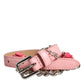Pink Embelished Roses Textured Leather Belt
