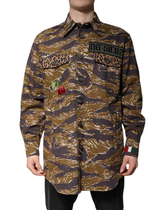 Brown Leopard Cotton Collared Coat Jacket