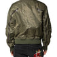 Green Nylon Full Zip Men Bomber Jacket
