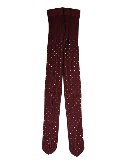 Maroon Nylon Crystal Embellished Pantyhose Tights