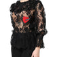Black Cotton Floral Lace Women Blouse Top