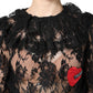 Black Cotton Floral Lace Women Blouse Top