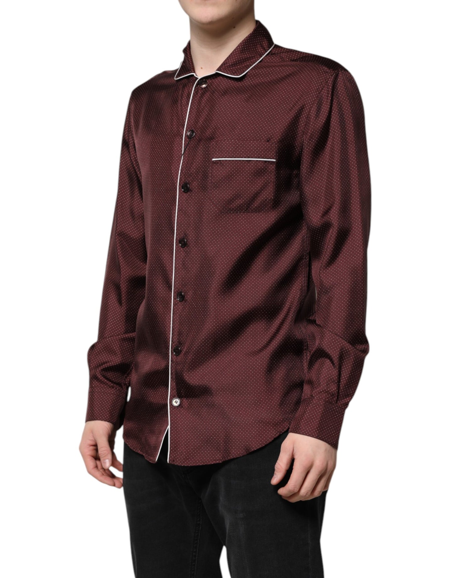Burgundy Silk Dotted Long Sleeves Shirt