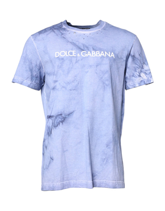 Blue Cotton Logo Print Crew Neck T-shirt