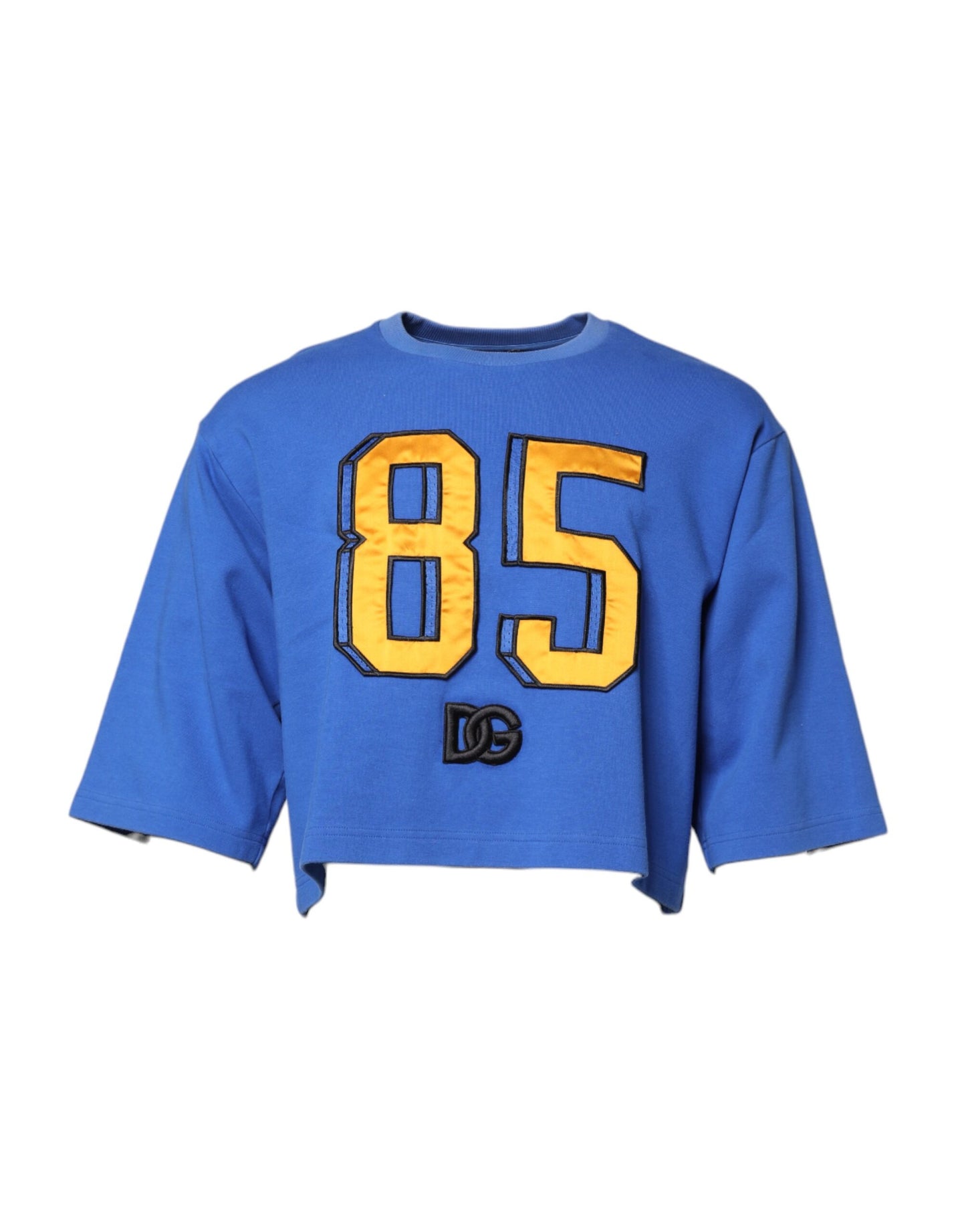 Blue Printed Cotton Cropped Crew Neck T-shirt