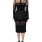 Black Lace Trim Nylon Tulle Sheath Midi Dress