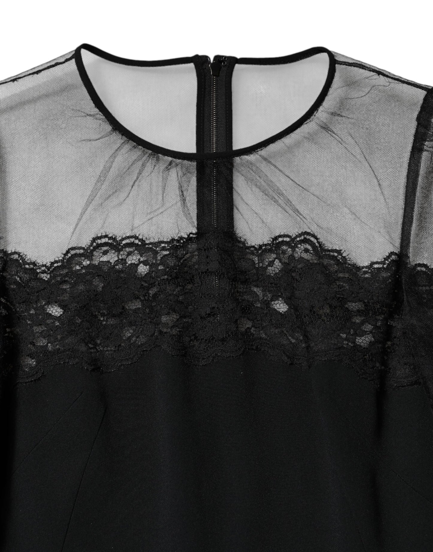 Black Lace Trim Nylon Tulle Sheath Midi Dress