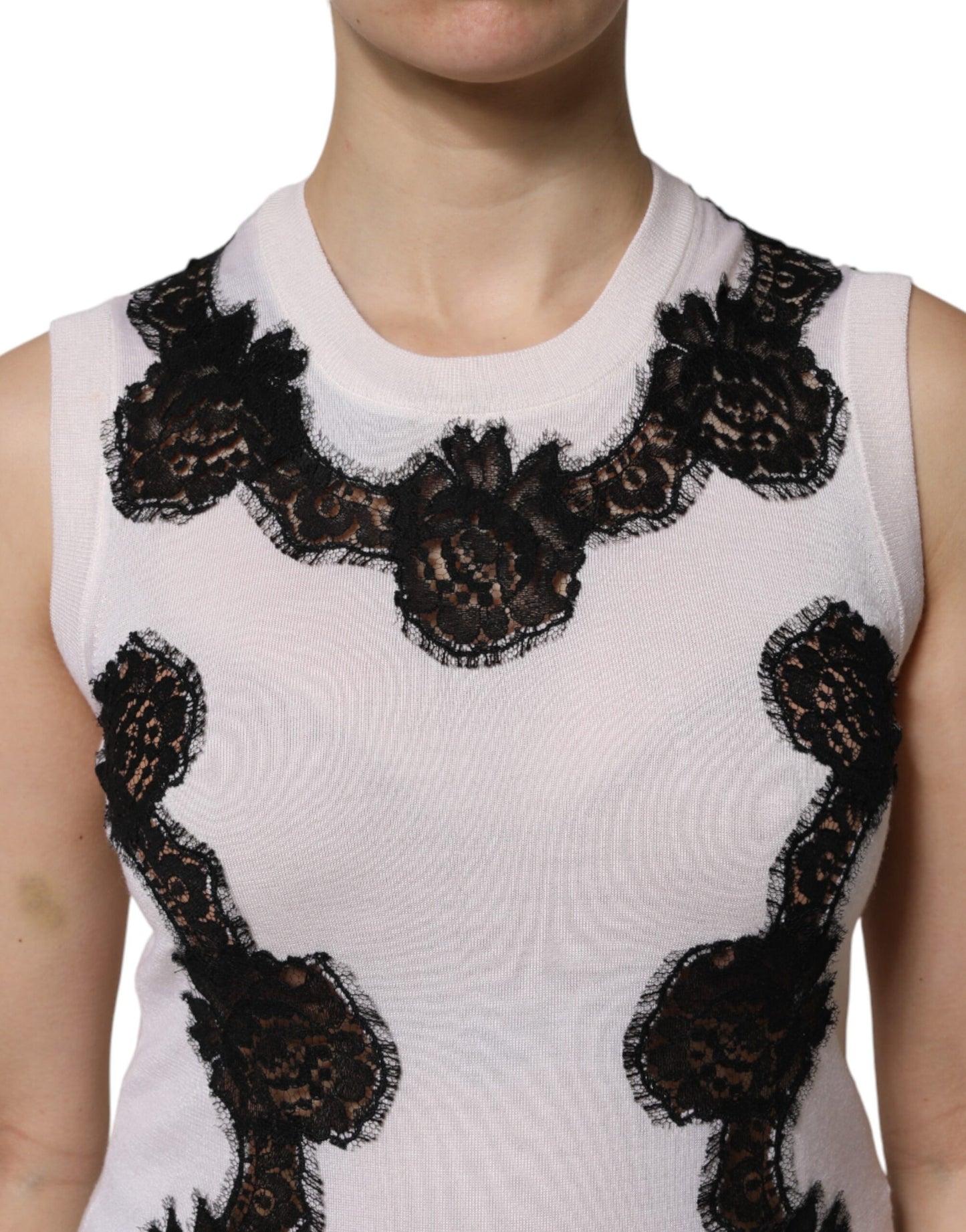 White Cashmere Floral Lace Detailing Tank Top