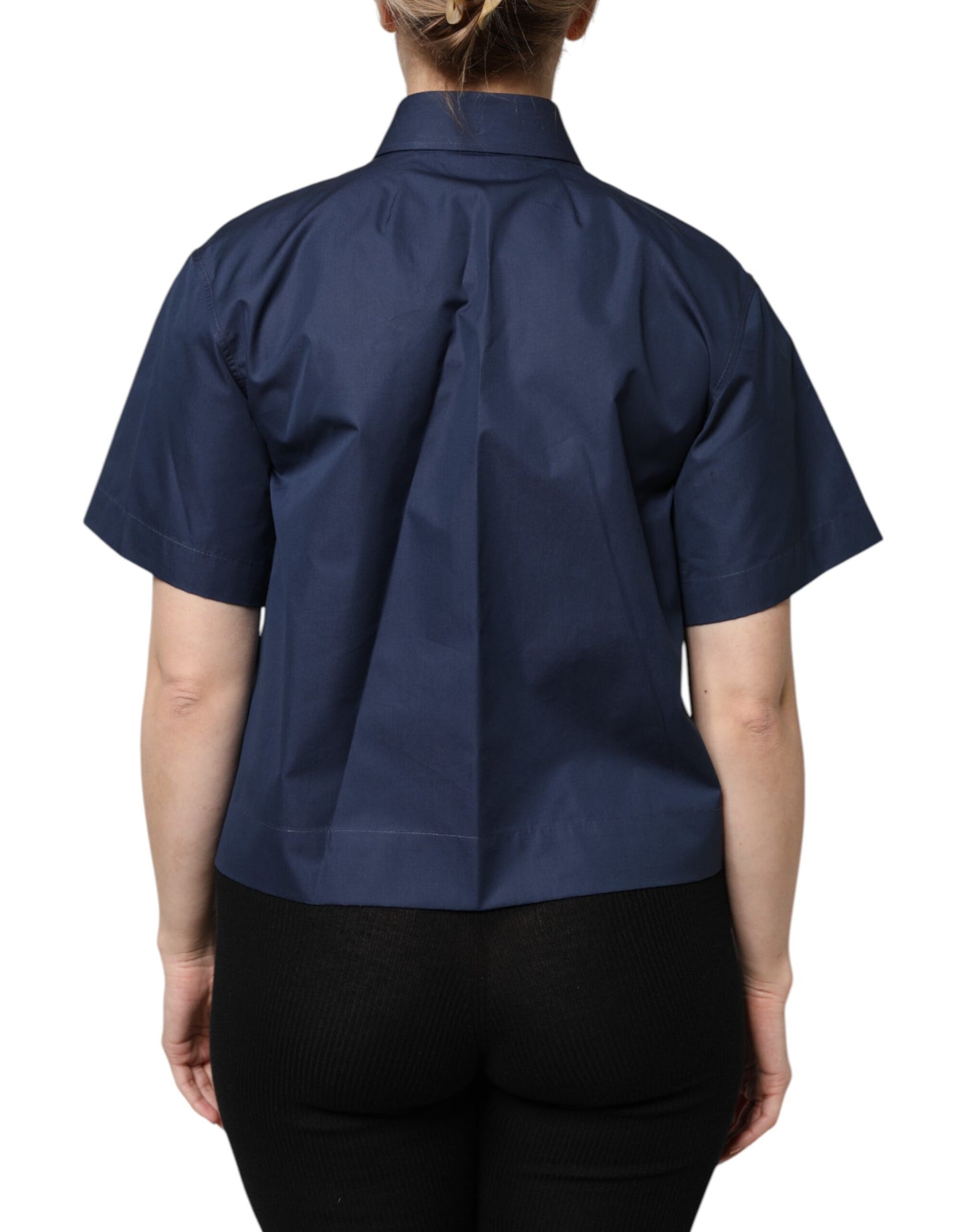Blue Cotton Short Sleeves Button Down Top