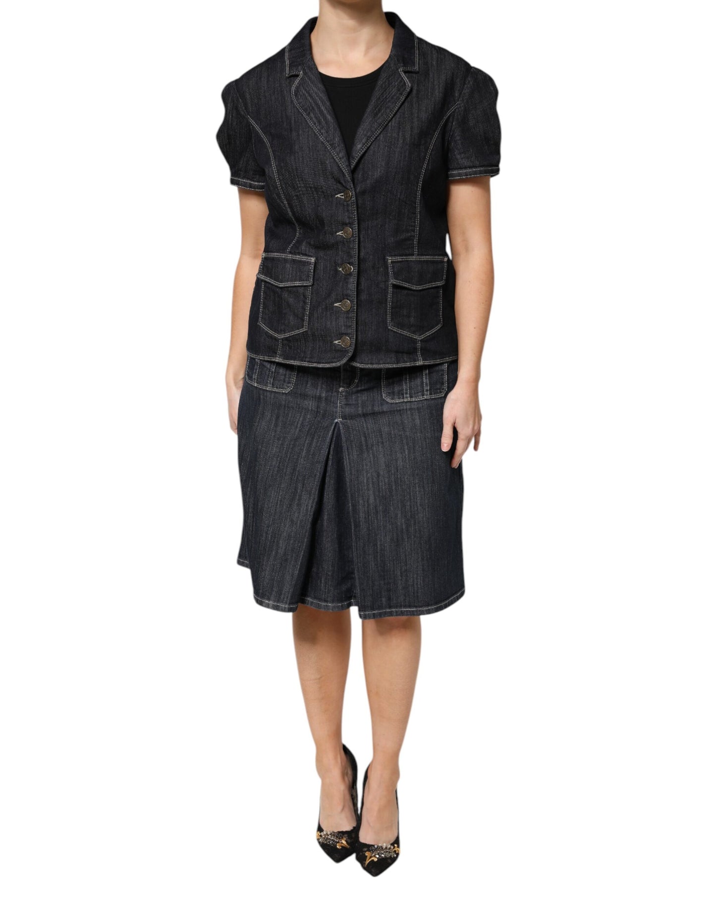 Black Cotton Blend Denim Top Skirt Casual Set