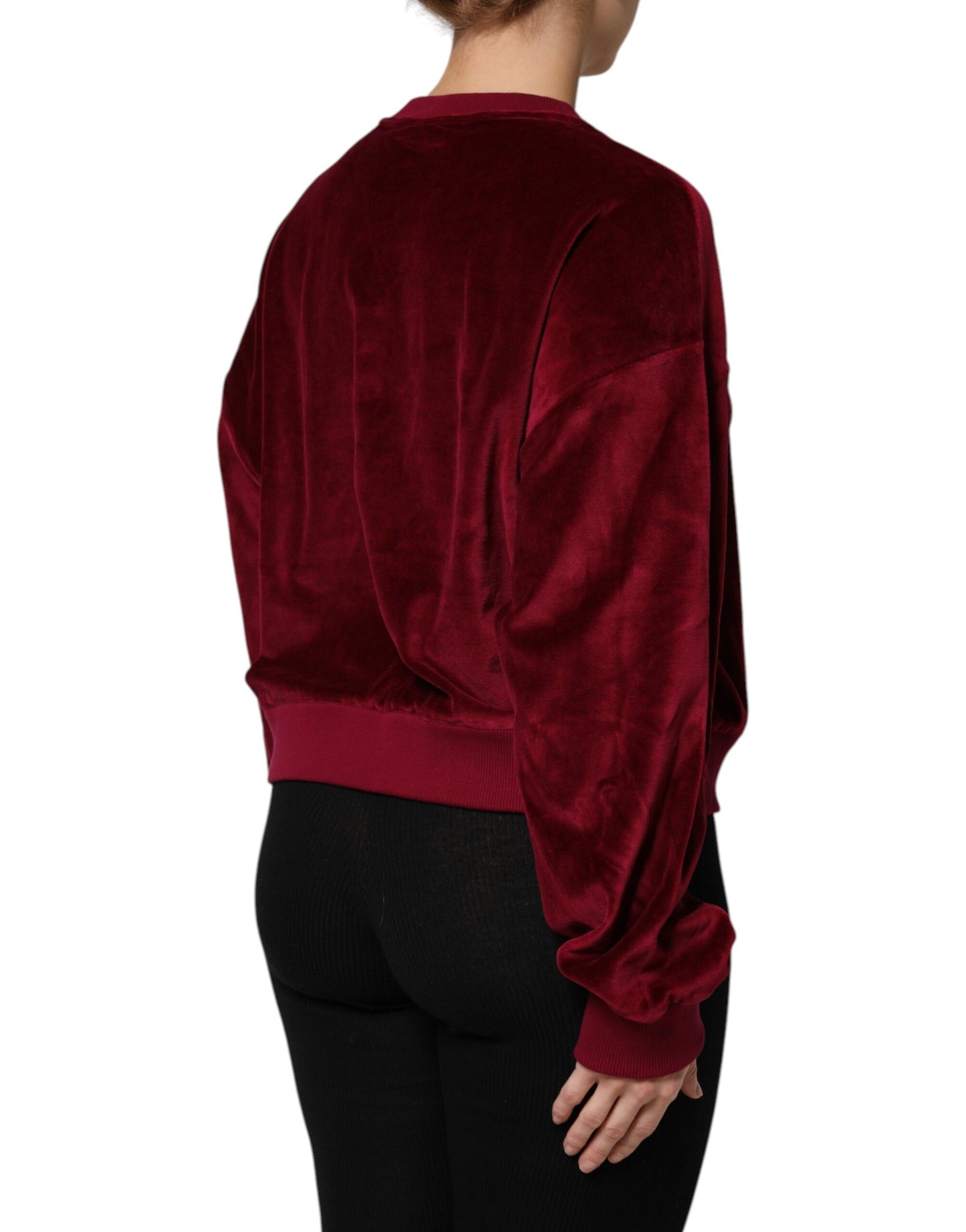 Red Cotton Velvet Crew Neck Pullover Sweater