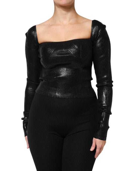 Black Viscose Long Sleeves Fitted Blouse Top