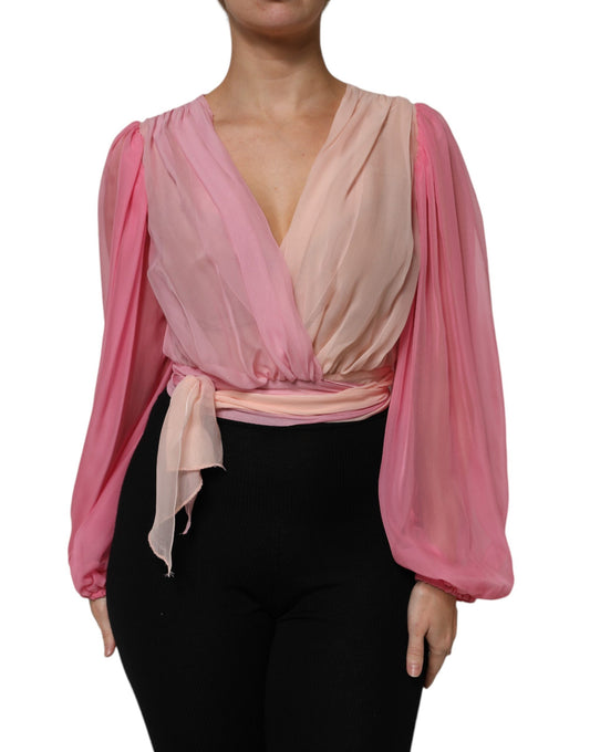 Pink Plunging V-neck Long Sleeves Blouse Top