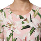 Pink Lily Print Viscose Round Neck Blouse Top