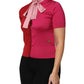 Pink Short Sleeves Buttoned Ascot Collar Top