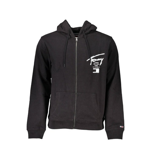 Black Cotton Men Sweater with Hood and Zip Pockets