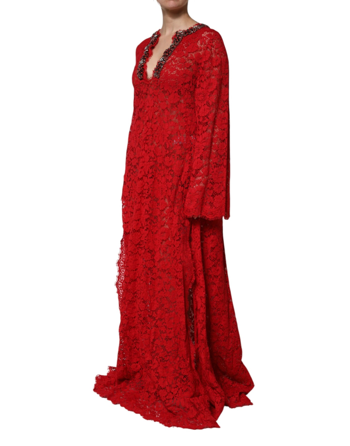 Red Floral Lace Rhinestone Embellished Dress
