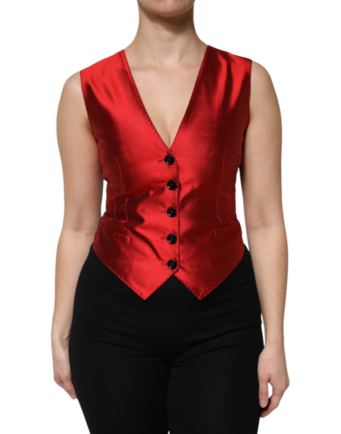 Red Black Button Down Sleeveless Vest Top