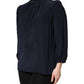 Blue Silk Mock Neck Long Sleeves Blouse Top