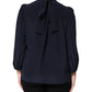 Blue Silk Mock Neck Long Sleeves Blouse Top