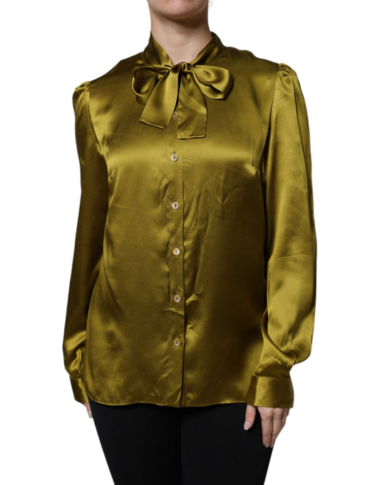 Green Ascot Collar Long Sleeves Blouse Top