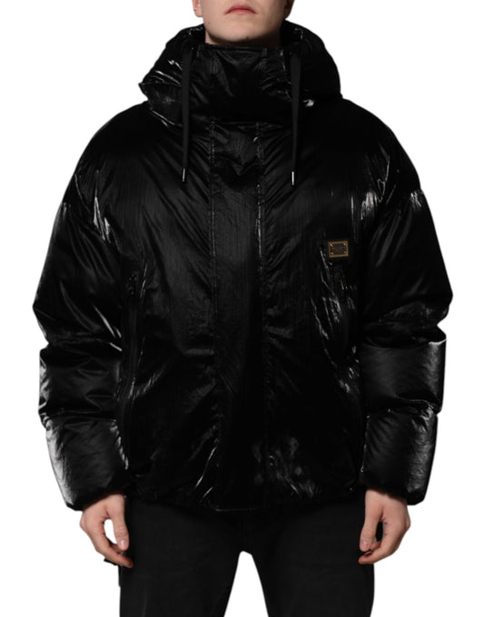 Black Logo Full Zip Hooded Quilted Jacket