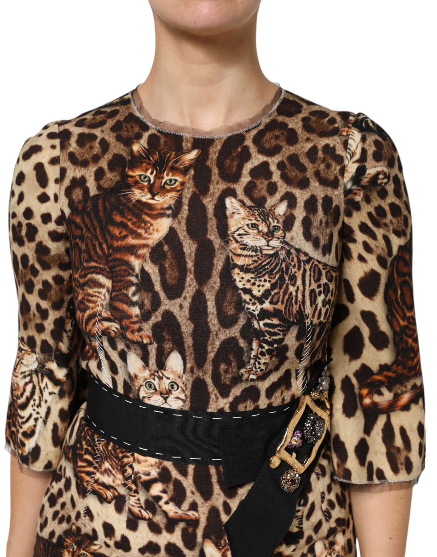 Brown Leopard Print Belted A-line Midi Dress