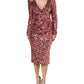 Pink Sequin Statement Nylon Midi V-Neck Dress