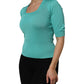 Aqua Blue Silk Short Sleeves Square Neck Top