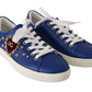 Chic Blue Leather Sneakers with Velvet Heart