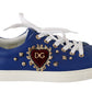 Chic Blue Leather Sneakers with Velvet Heart