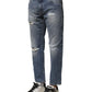 Blue Washed Tattered Straight Fit Denim Jeans