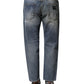Blue Washed Tattered Straight Fit Denim Jeans
