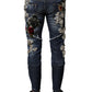 Blue Cotton Rhinestone Embellish Denim Jeans