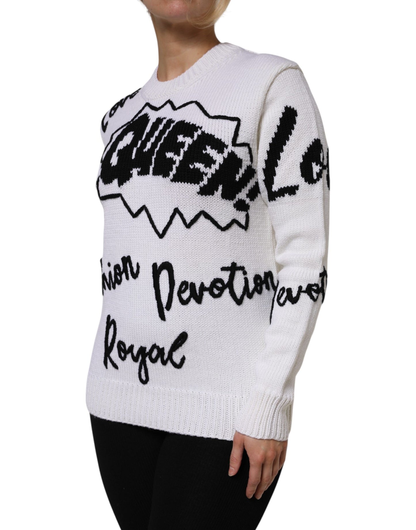 White Wool Knit Crew Neck Pullover Sweater